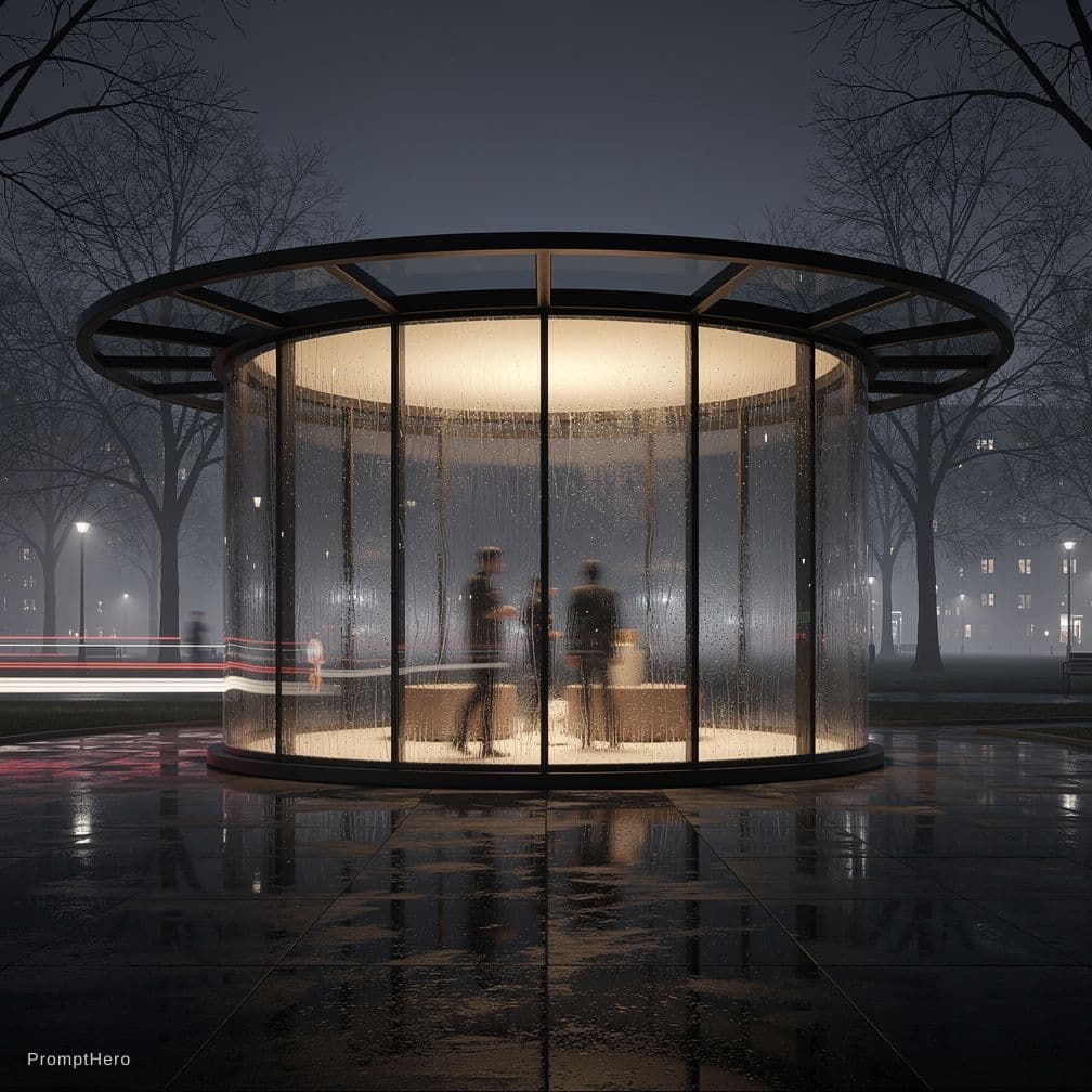 AI generated: minimalist architecture, contemporary pavilion design, symmetrical curved structure, panoramic view,...
