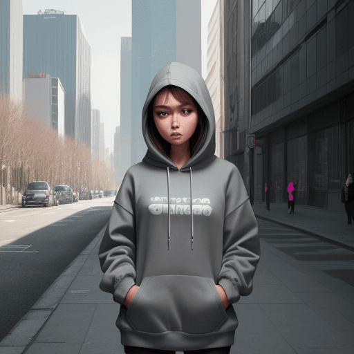 AI generated: masterpiece, girl alone, solo, incredibly absurd, grey hoodie, airpods, street, outdoor, sunny, neon...