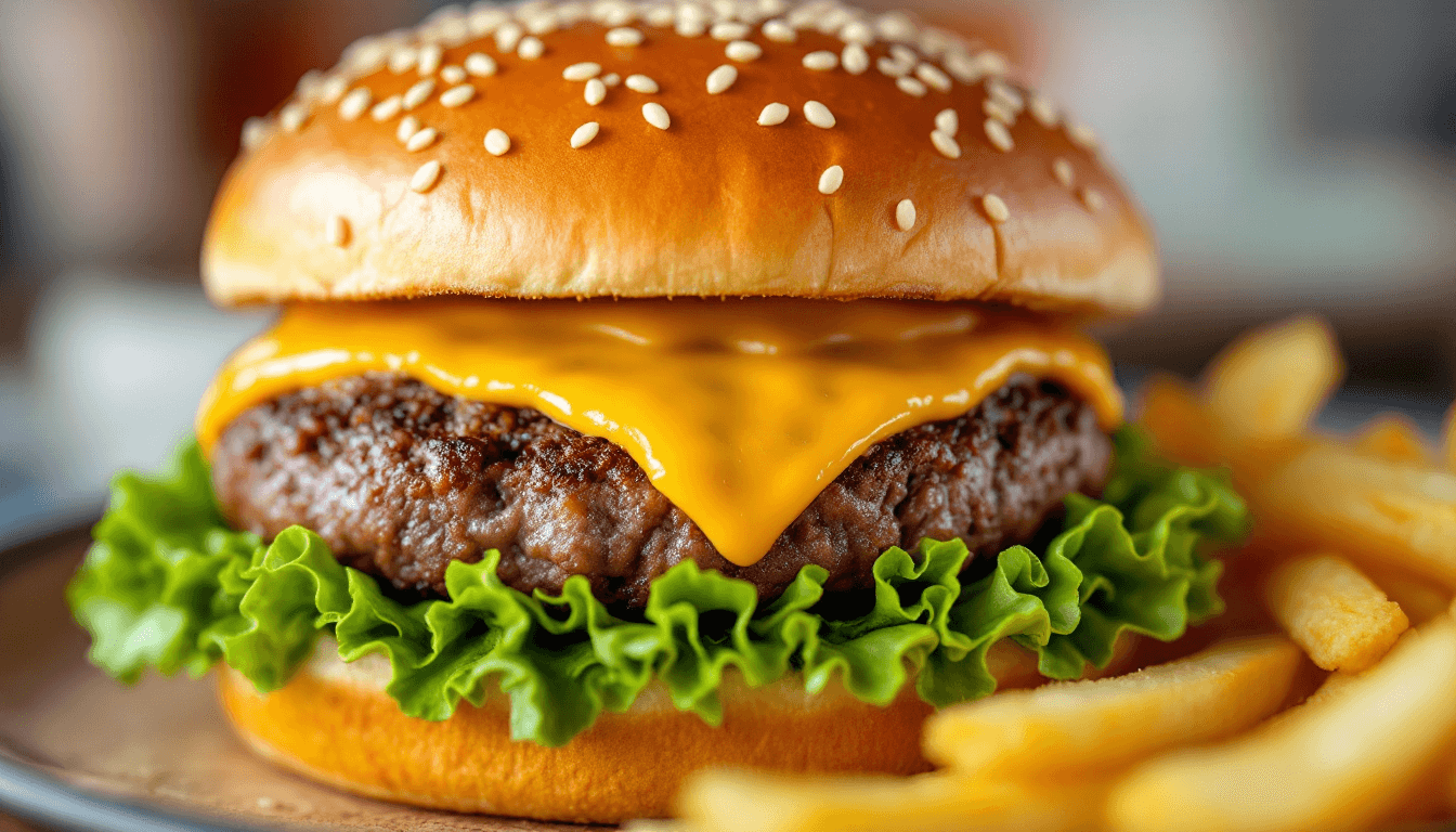 AI generated: A juicy burger with melted cheese, crisp lettuce, and a sesame seed bun, served with fries.