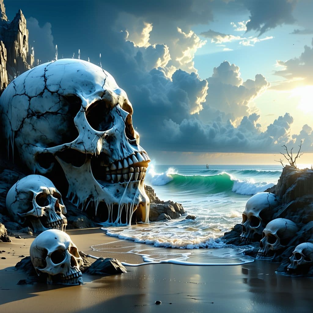 AI generated: the sky in the background, in the style of realism with fantasy elements, skull motifs, light-filled...