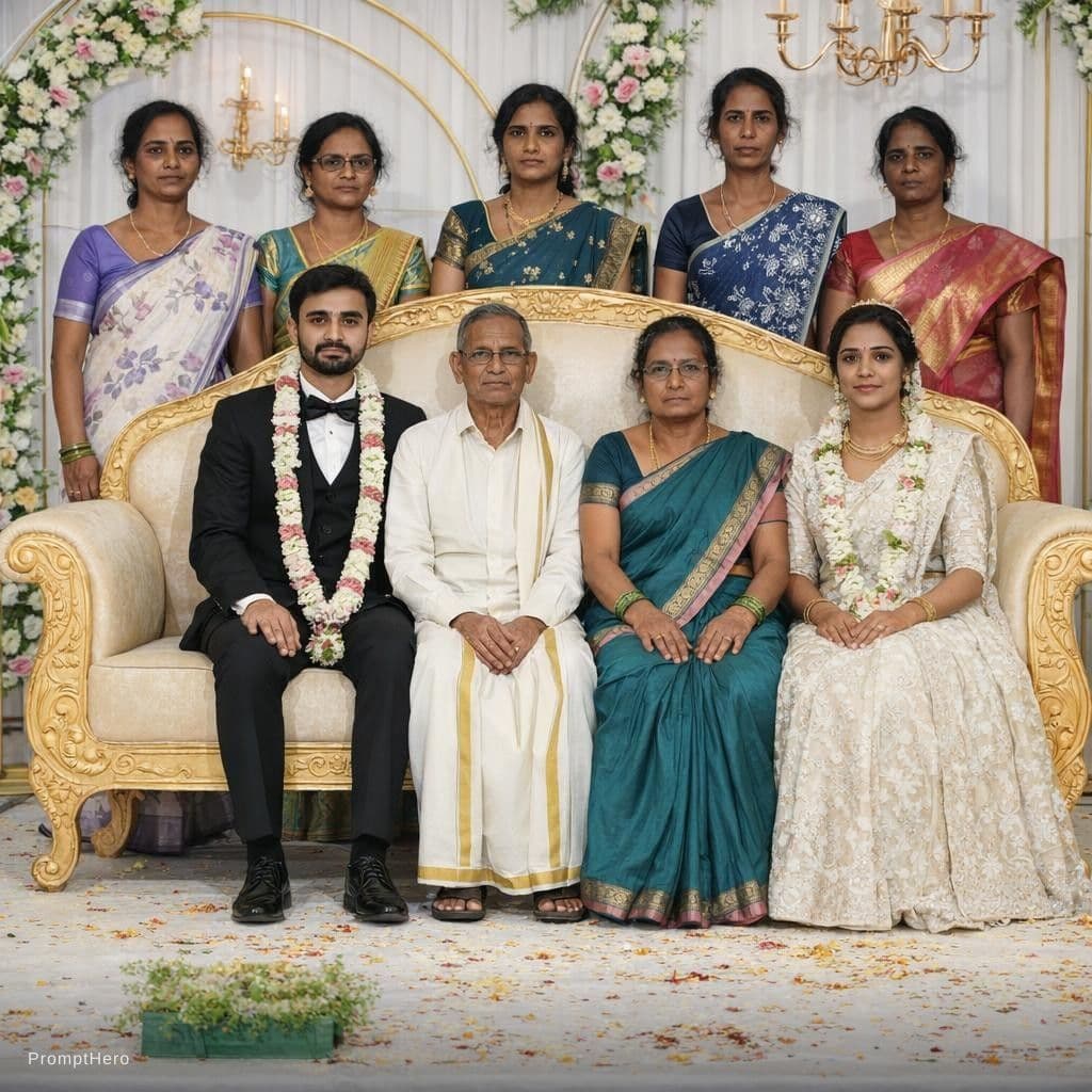 AI generated: Ultra-realistic Indian wedding family portrait.

Scene: A beautifully decorated wedding stage with a...