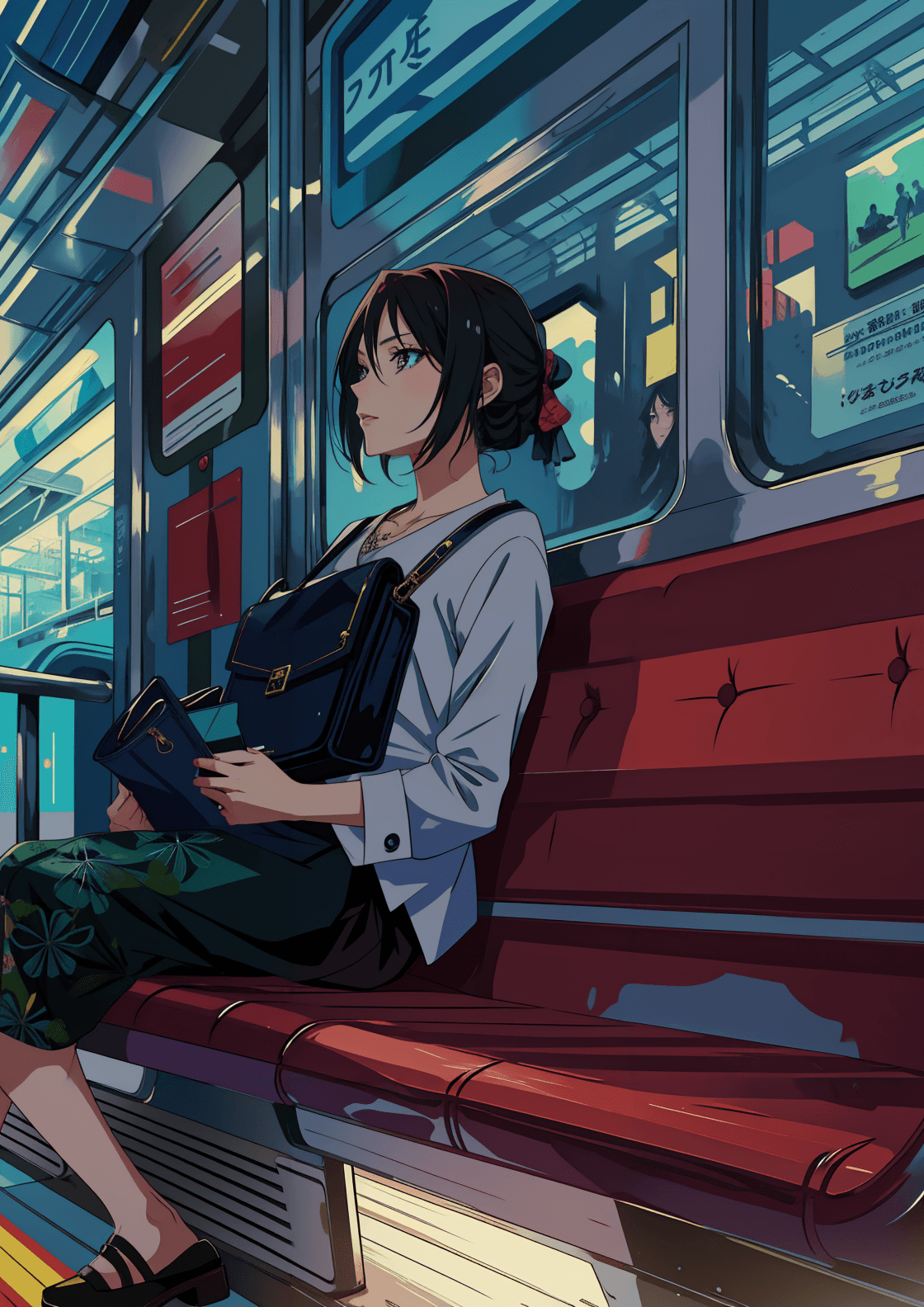 AI generated: a woman sitting on a train seat with a purse in her hand , anime art, a detailed painting, aesthetic...