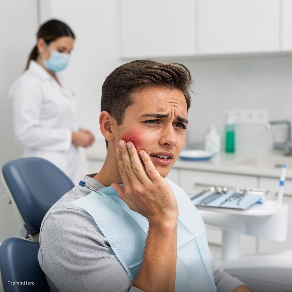 AI generated: Realistic scene of a young adult holding their cheek in mild tooth pain, sitting in a modern dental ...