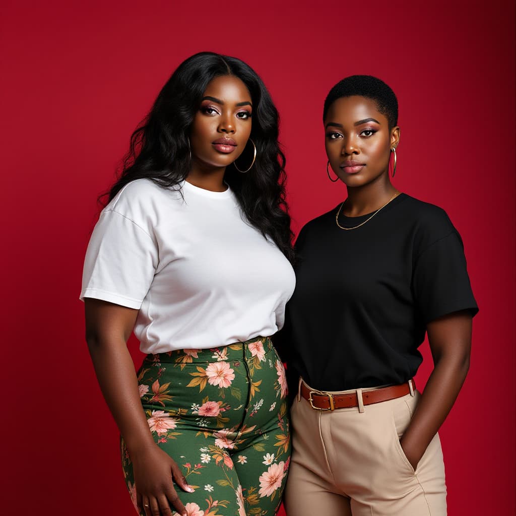 AI generated: A photo of two African American models wearing modern and luxurious outfits, posing for the camera i...