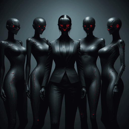 AI generated: A group of creepy evil abstract non human horror wearing black suit, posing for a group photo, conce...