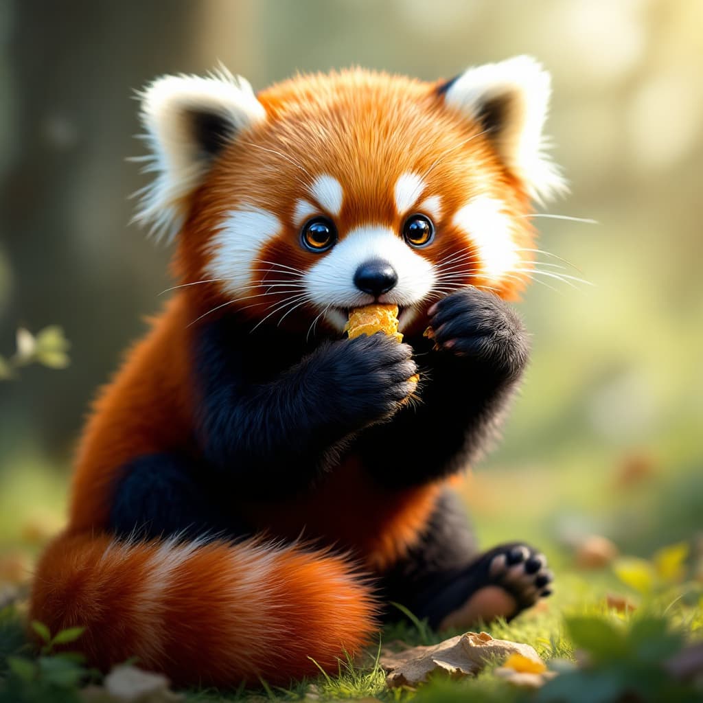 AI generated: red panda, cute appearance, docile character, big eyes, round ears, flat face, thick tail, vivid, fu...