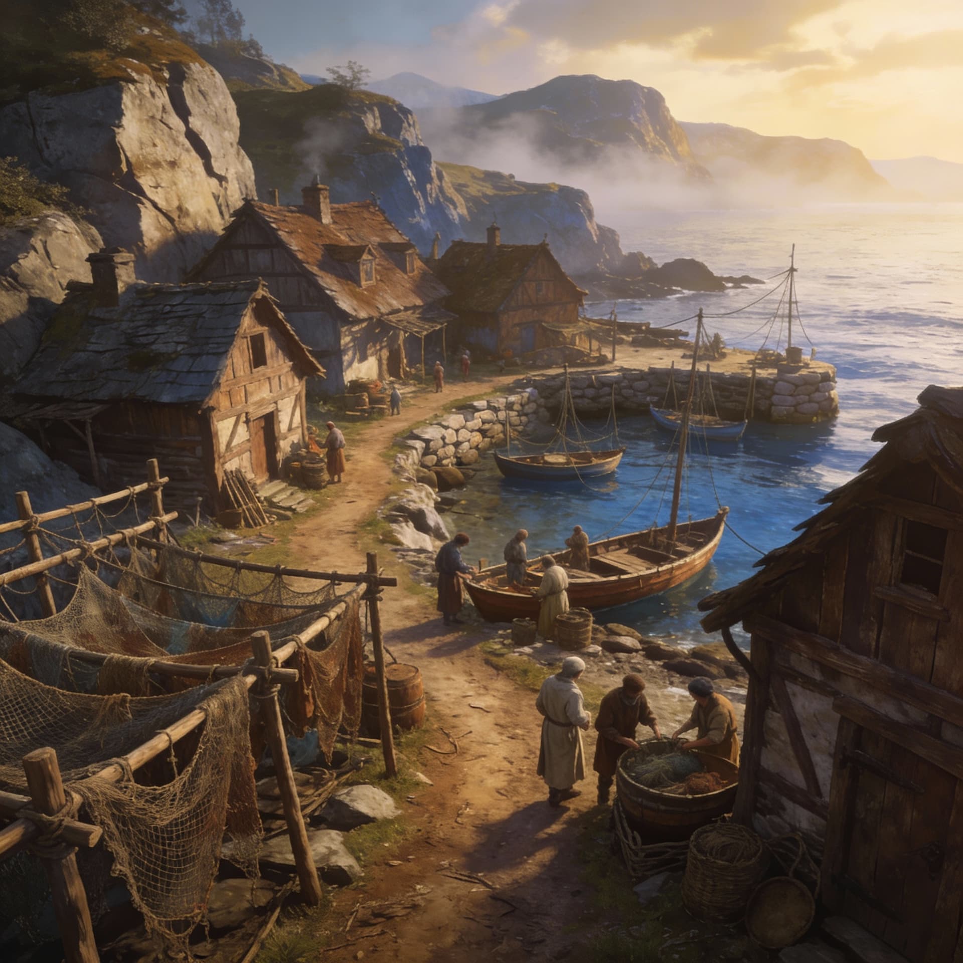 AI generated: Mid-evil fantasy world, Wheel of Time
- A small, rugged fishing village. Modest homes, drying nets, ...
