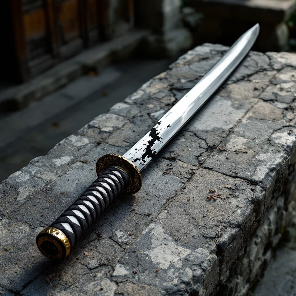 AI generated: A broken katana lying on a stone Buddhist bench, realistic katana broken Midway down the blade layin...