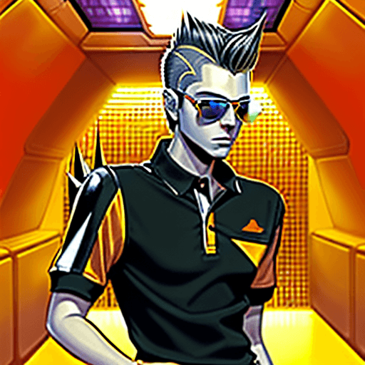 AI generated: A young man with spiky hairstyle in a polo shirt, wear a sunglasses inside a large spaceship, in the...