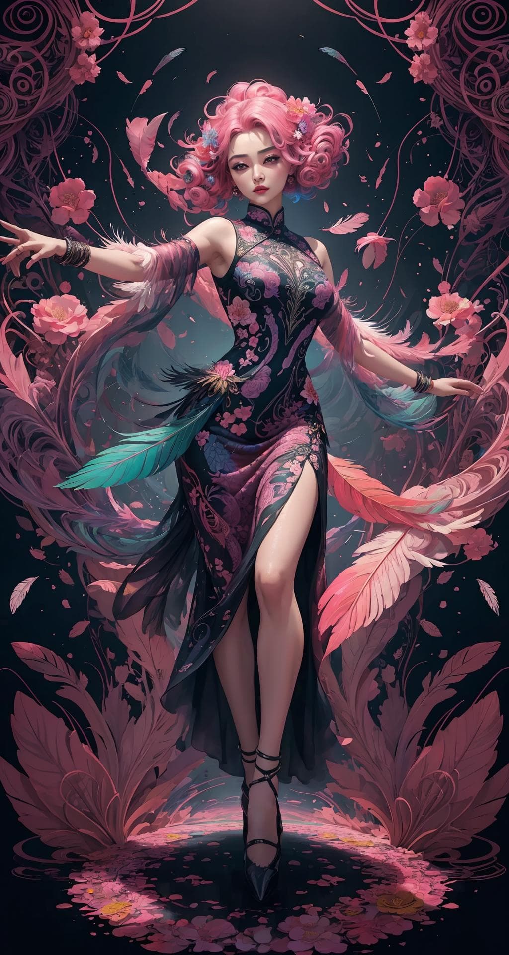 AI generated: erjie, <lora:Threesister-erjiev2:0.2>,girl in a fluid and dynamic pose, wearing a loose, flowing pin...