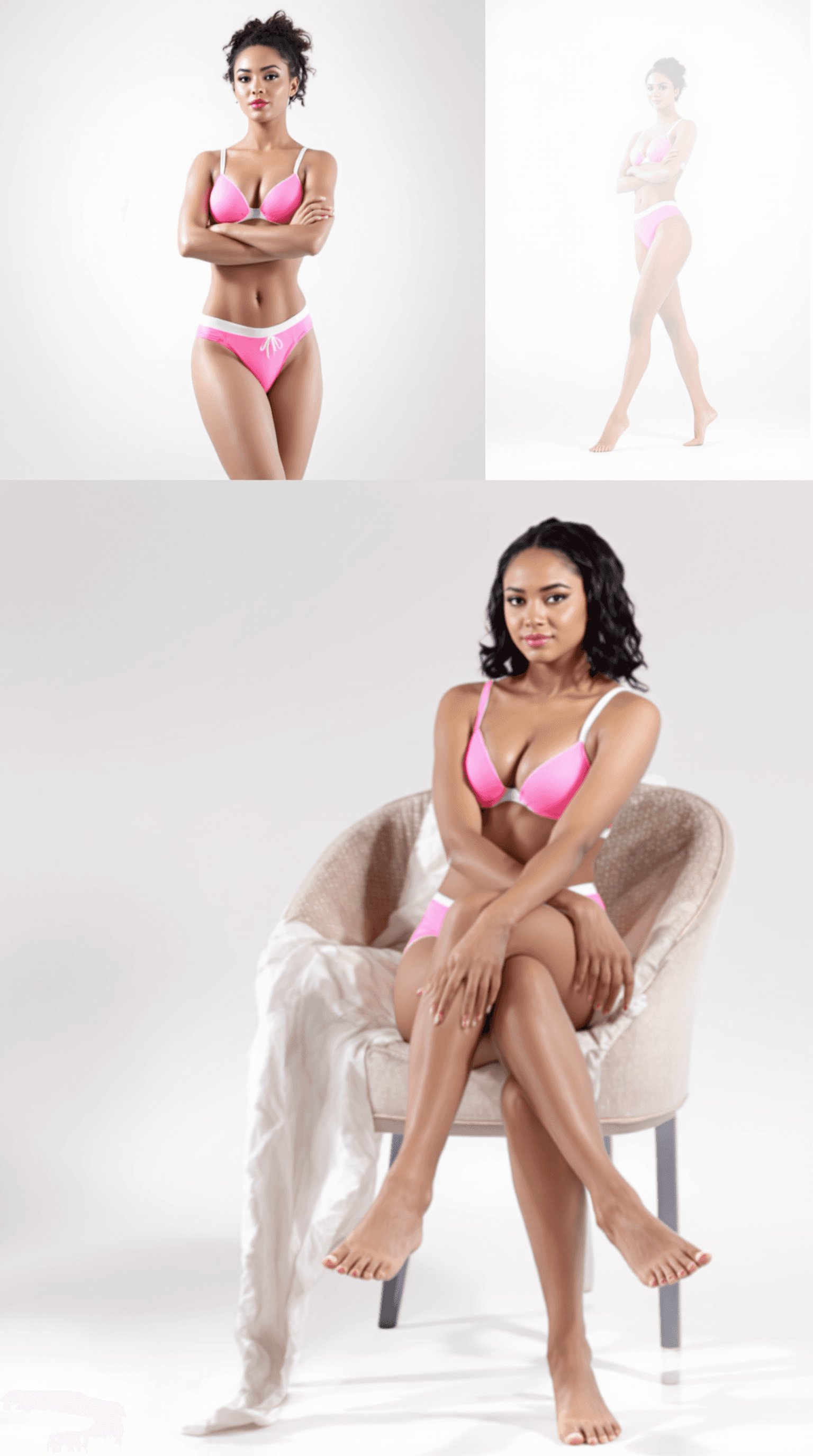 AI generated: Wearing pink underwear . The character is depicted in multiple dynamic poses: standing confidently w...