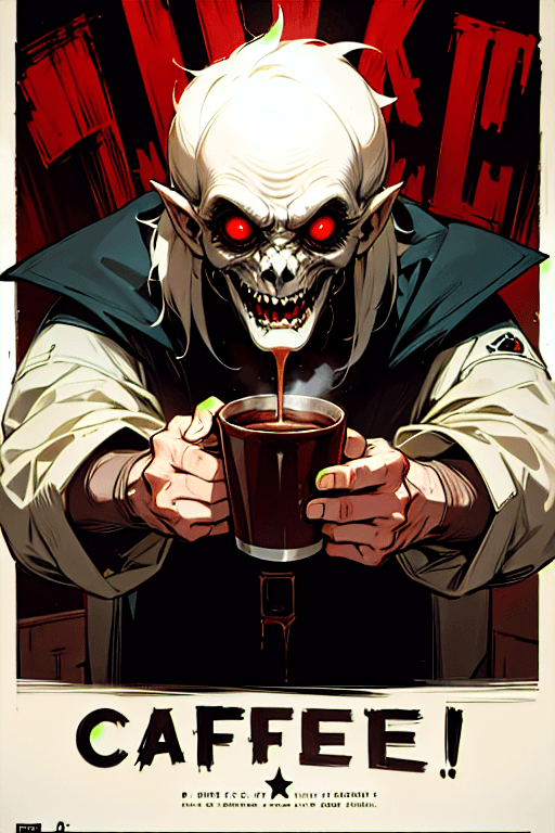 AI generated: "Coffee" movie poster, text "Coffee", horror, suspense, monster