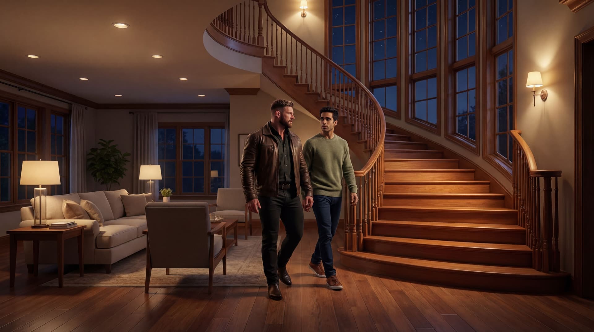 AI generated: The scene is at night. The same house. The models are together walking through the living room towar...