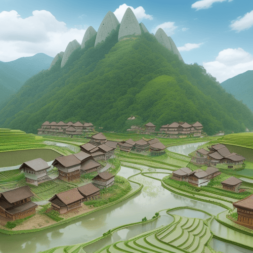 AI generated: A beautiful village under the foot of the mountain split by a river of clear cloudy sky, there are r...