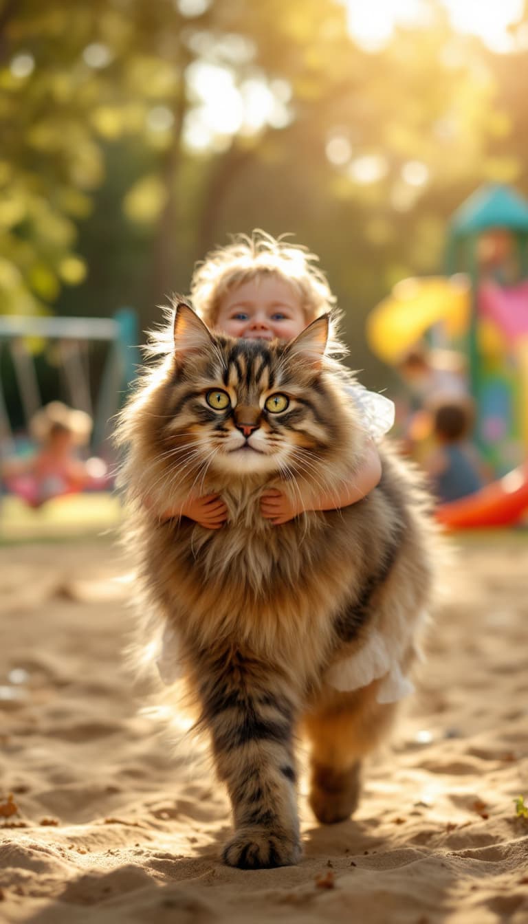 AI generated: laughing baby in tiny sundress riding massive fluffy maine coon cat through local playground, swing ...