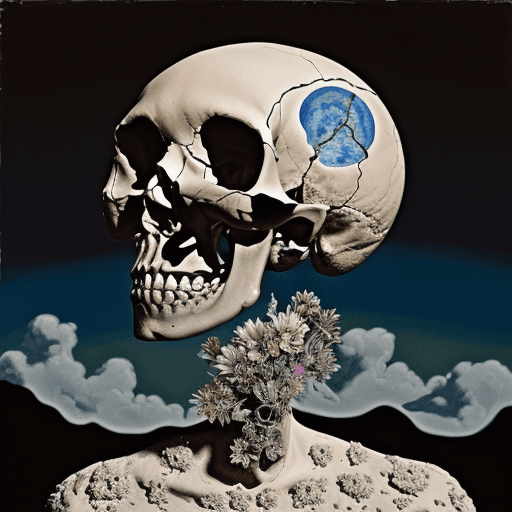 AI generated: surrealist painting of a human skull with the moon, clouds, and melting flowers, abstract, surreal -...