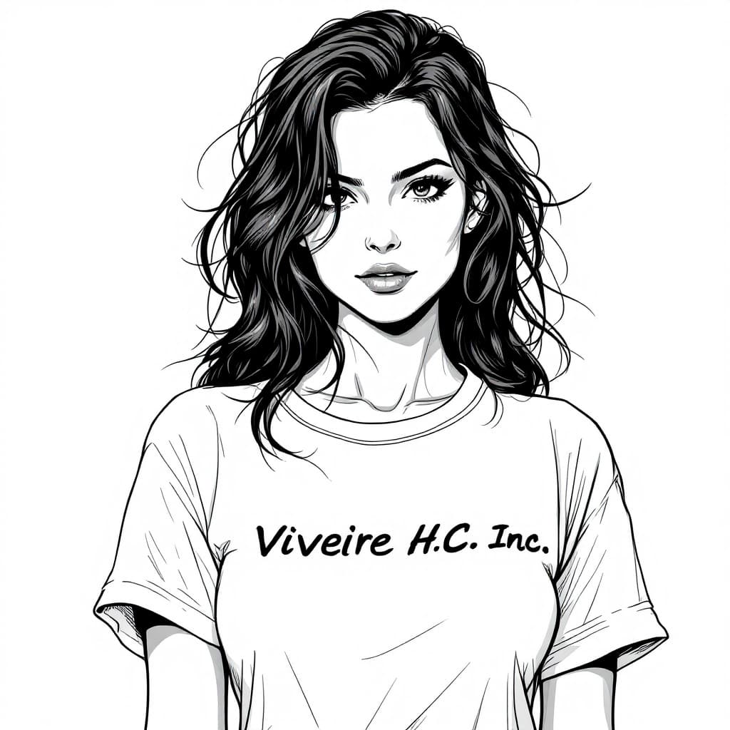 AI generated: black and white portrait of a woman wearing a white tshirt with the logo "Viveire HC. Inc.", in the ...
