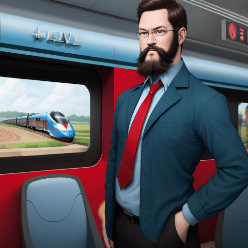 AI generated: red high speed train, disney pixar, sky, train driver, dark blu jacket, light blue shirt, red neckti...