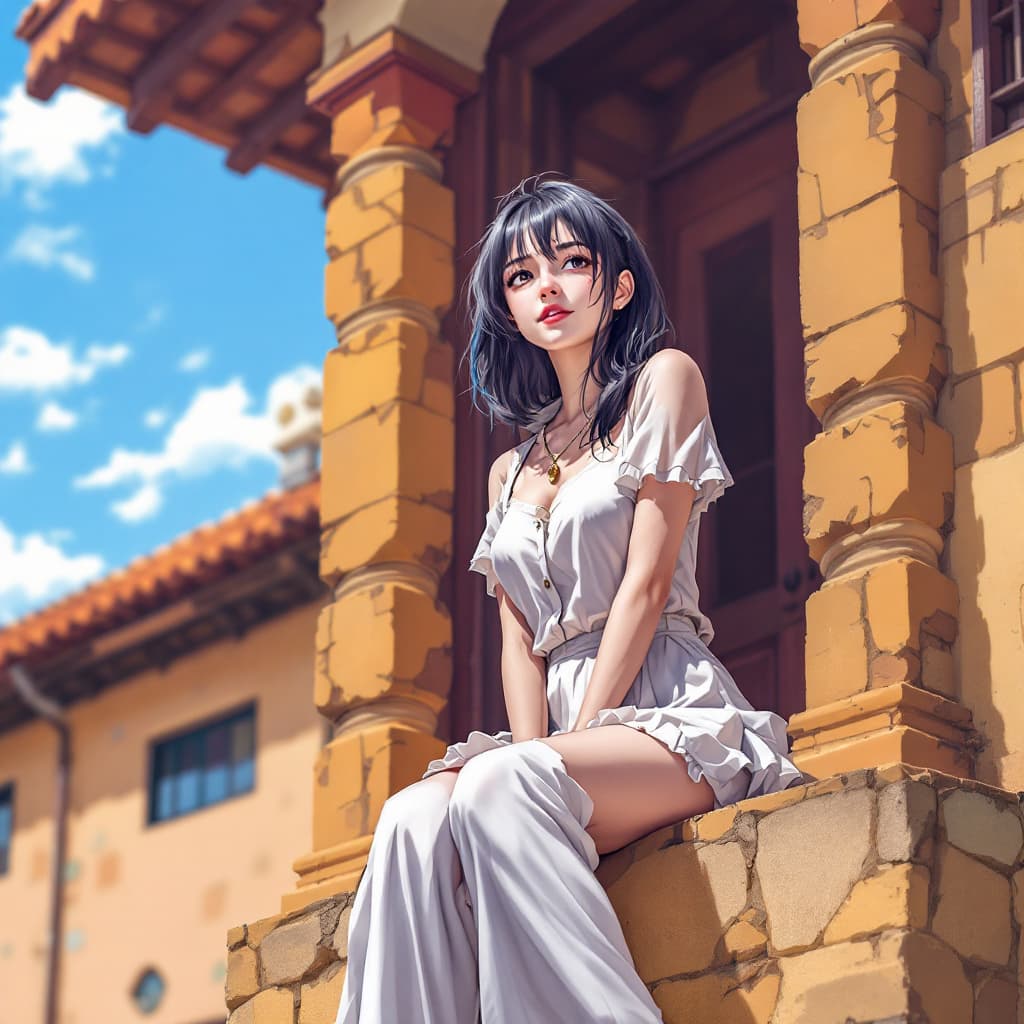 AI generated: a mature girl sitting on the building.