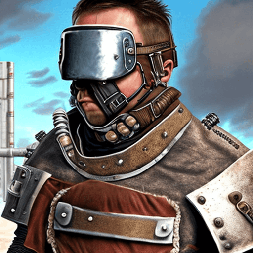 AI generated: Hyper realistic portrait of a wastelander, dressed in leathers and scrap armor, football shoulderpad...