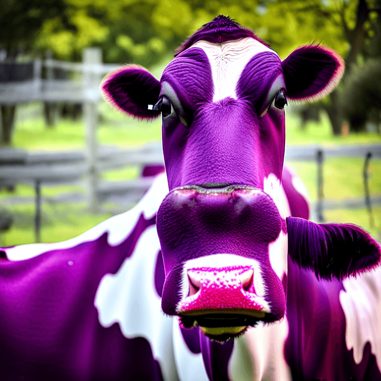 AI generated: front shot of a purple cow with the red t-shirt and white cap,  8k, hyperrealistic, highly detailed,...
