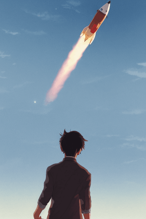 AI generated: a highly detailed matte painting of a man on a hill watching a rocket launch in the distance by stud...
