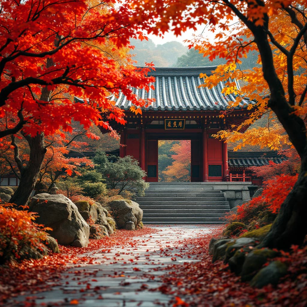 AI generated: a Japanese temple in autumn leaves red orange and yellow
