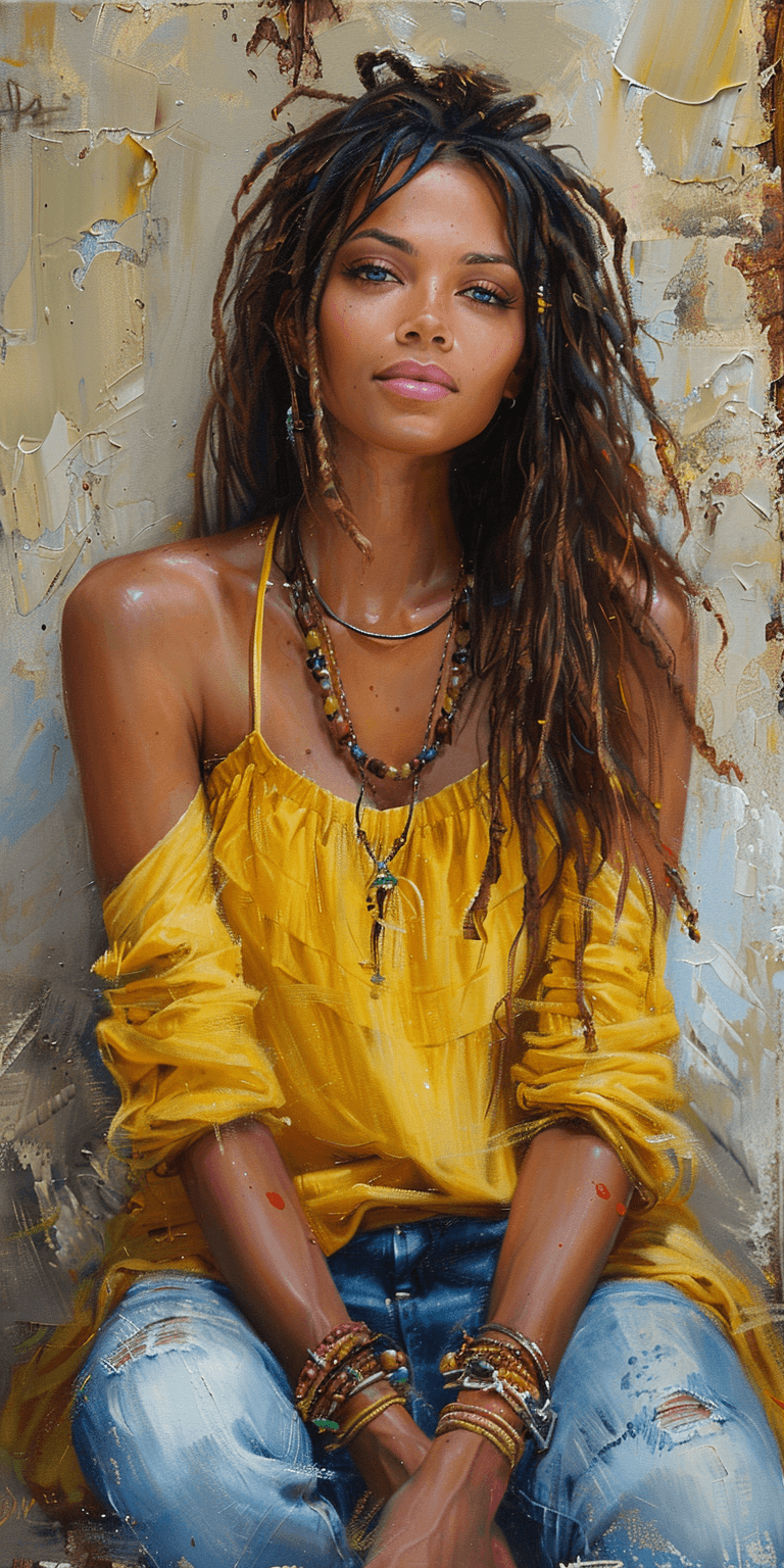 AI generated: oil painting of a beautiful black woman with dreadlocks, wearing yellow, sitting on the ground again...