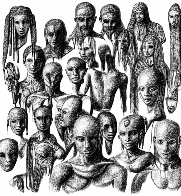 AI generated: Ancient group of people, pencil drawing, very badly designed, a drawing made by a madman, iconcluent...