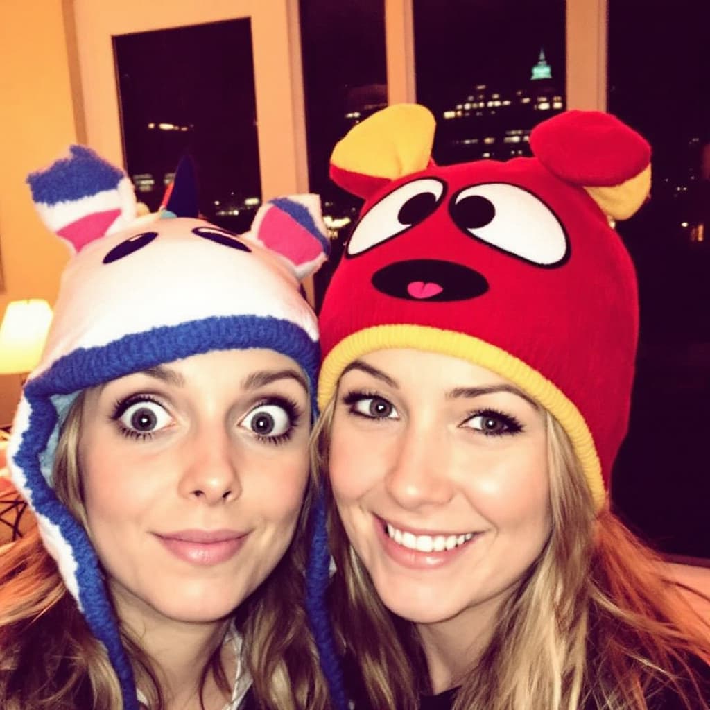 AI generated: The image shows two female, posing closely together, wearing playful, colorful beanies with cartoon-...
