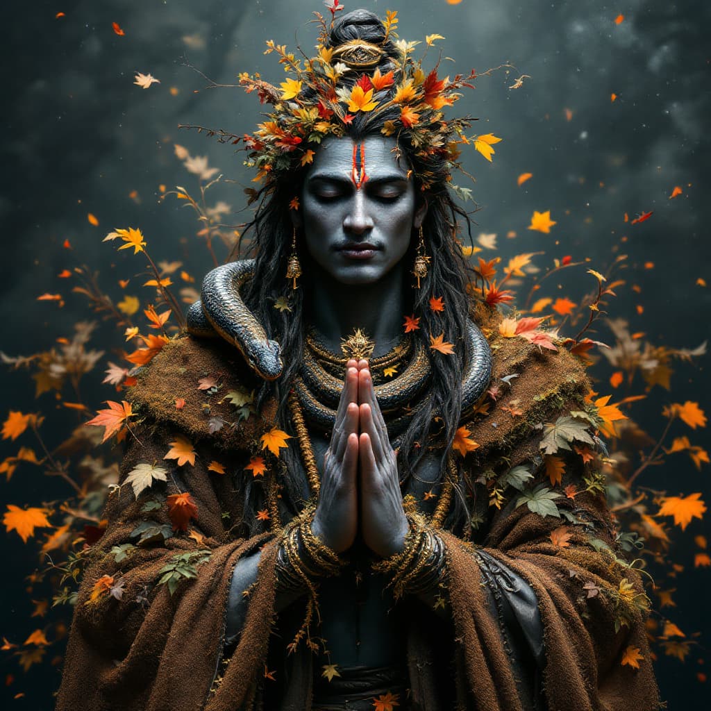 AI generated: full body Lord Shiva with masculine face made out of autumnal foliage and plants, with eyes closed, ...
