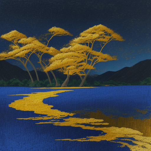 AI generated: Impasto technique coloring image of japanese landscape in midnighblue and gold