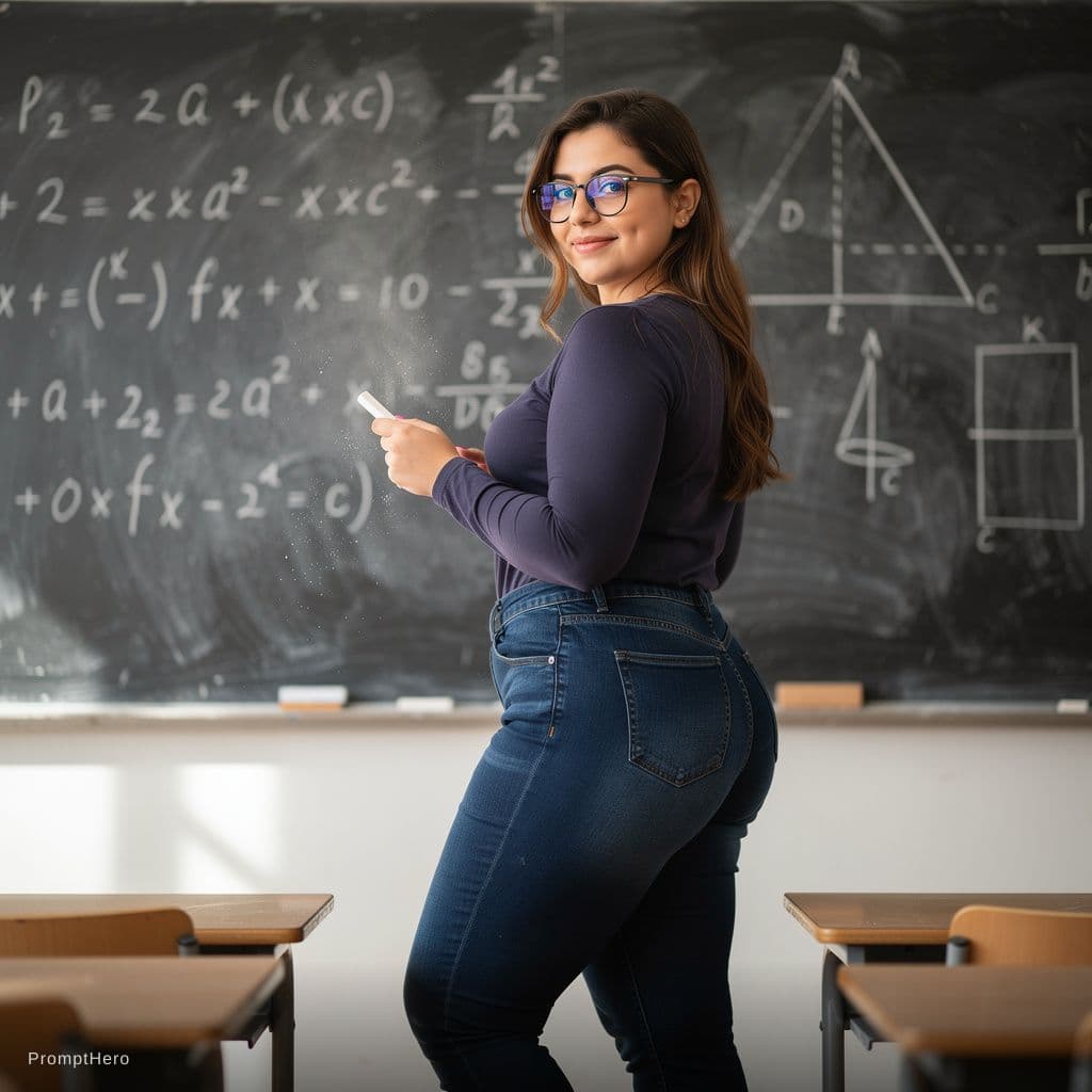 AI generated: Rule 34 | 1girl, absurdres, ass, ass focus, bambooale, brown eyes, chalkboard, denim, glasses, highr...