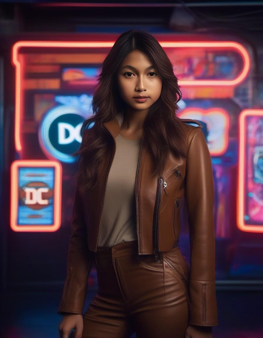 AI generated: a woman standing in front of a neon sign, in the style of hyper-realistic sci-fi, steelpunk, candid ...