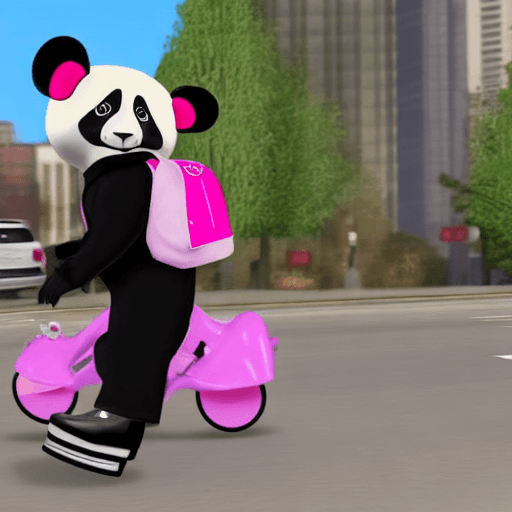 AI generated: a grand theft auto style panda wearing pink roller skates and a black hat is carrying a big money ba...