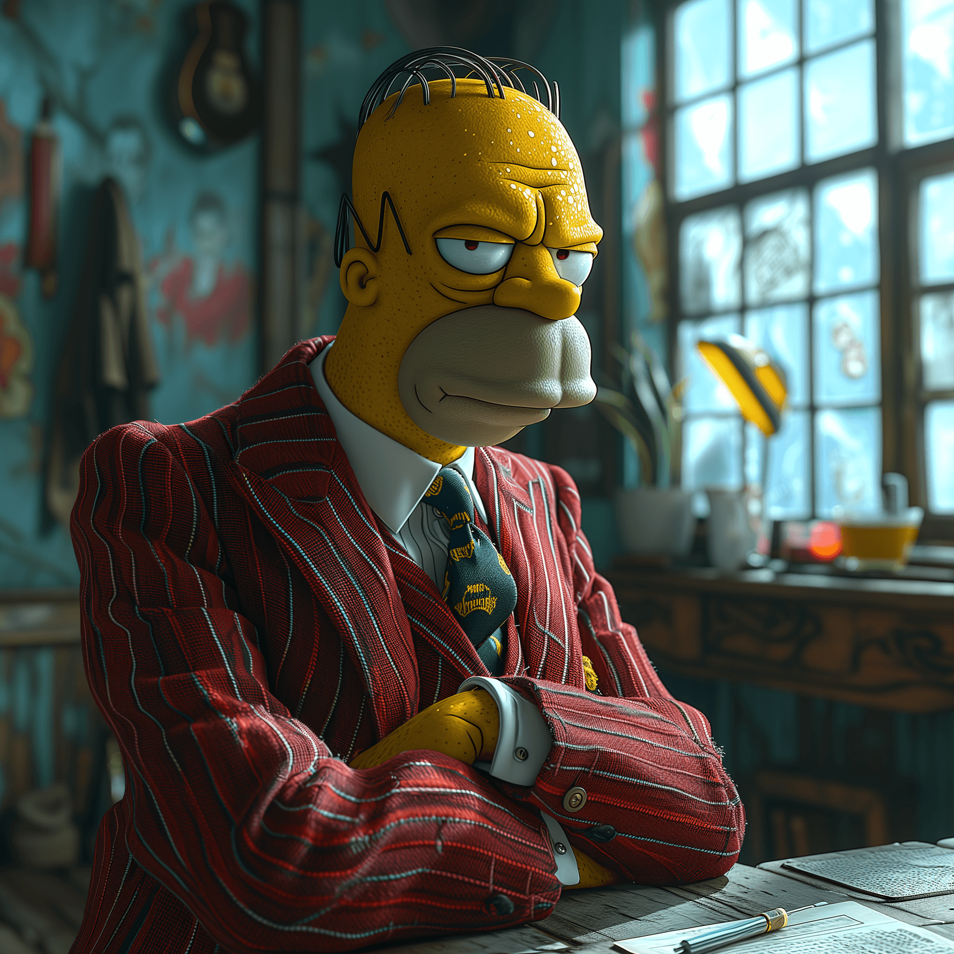 AI generated: Home Dressed in a Gucci suit, looking like a gangster, 1930's style, Mafia gangster Homer Simpsons, ...