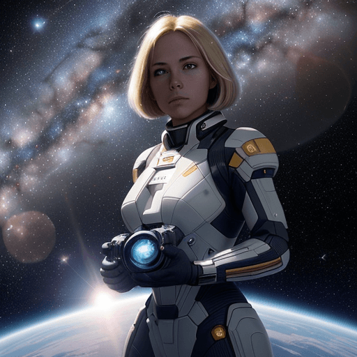 AI generated: A starfield sci-fi poster of female characters with short blond straight hair, looking towards camer...