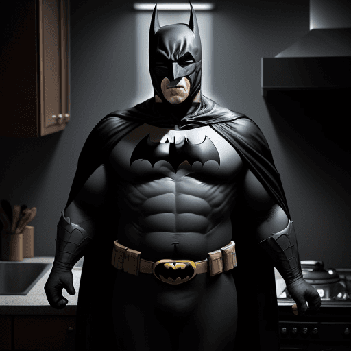 AI generated: The image features a man dressed as Batman, but with a noticeable belly fat. He is standing in a dar...