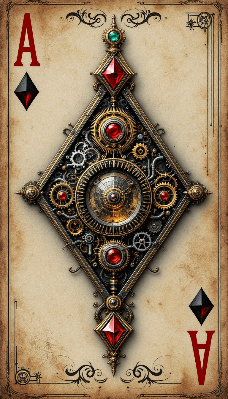 AI generated: Design a steampunk Ace of Diamond playing card. The centrepiece should be an intricate diamond emble...