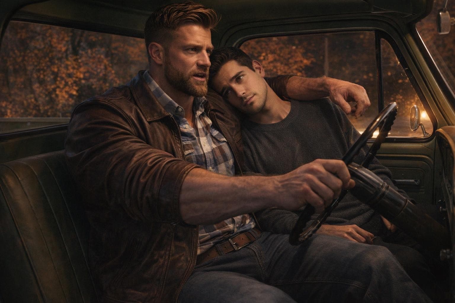 AI generated: In an Autumn night, the bodybuilder is driving a vintage Ford olive green pick up truck. He is drivi...