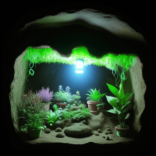 AI generated: Una cueva inmensa que tenga plantas luminosas exóticas
