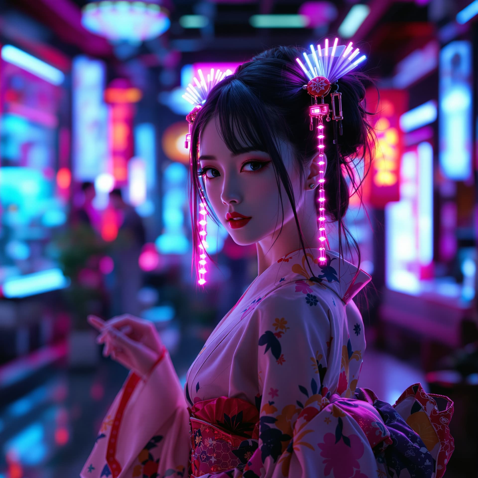 AI generated: A beautiful futuristic geisha with glowing hairpins, neon-lit tea house, sleek kimono, cyberpunk aes...