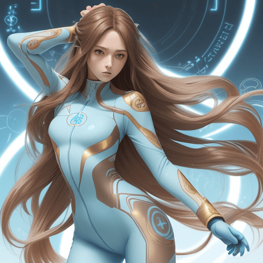 AI generated: Anime-style female character, Zara, wearing a very tight light blue plugsuit with gold accents and m...