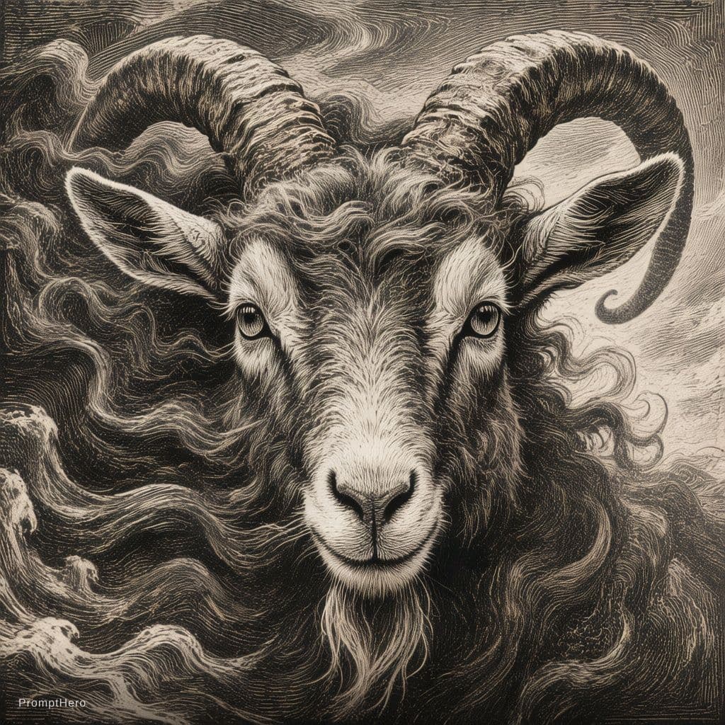 AI generated: Close-up of a goat's face. Antique woodcut. The face, with great detail at the bottom, transforms in...