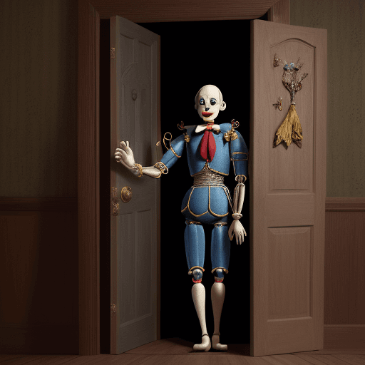 AI generated: High resolution Biden as Pinocchio the marionette leaving through the door ; 8k, intricate detail,