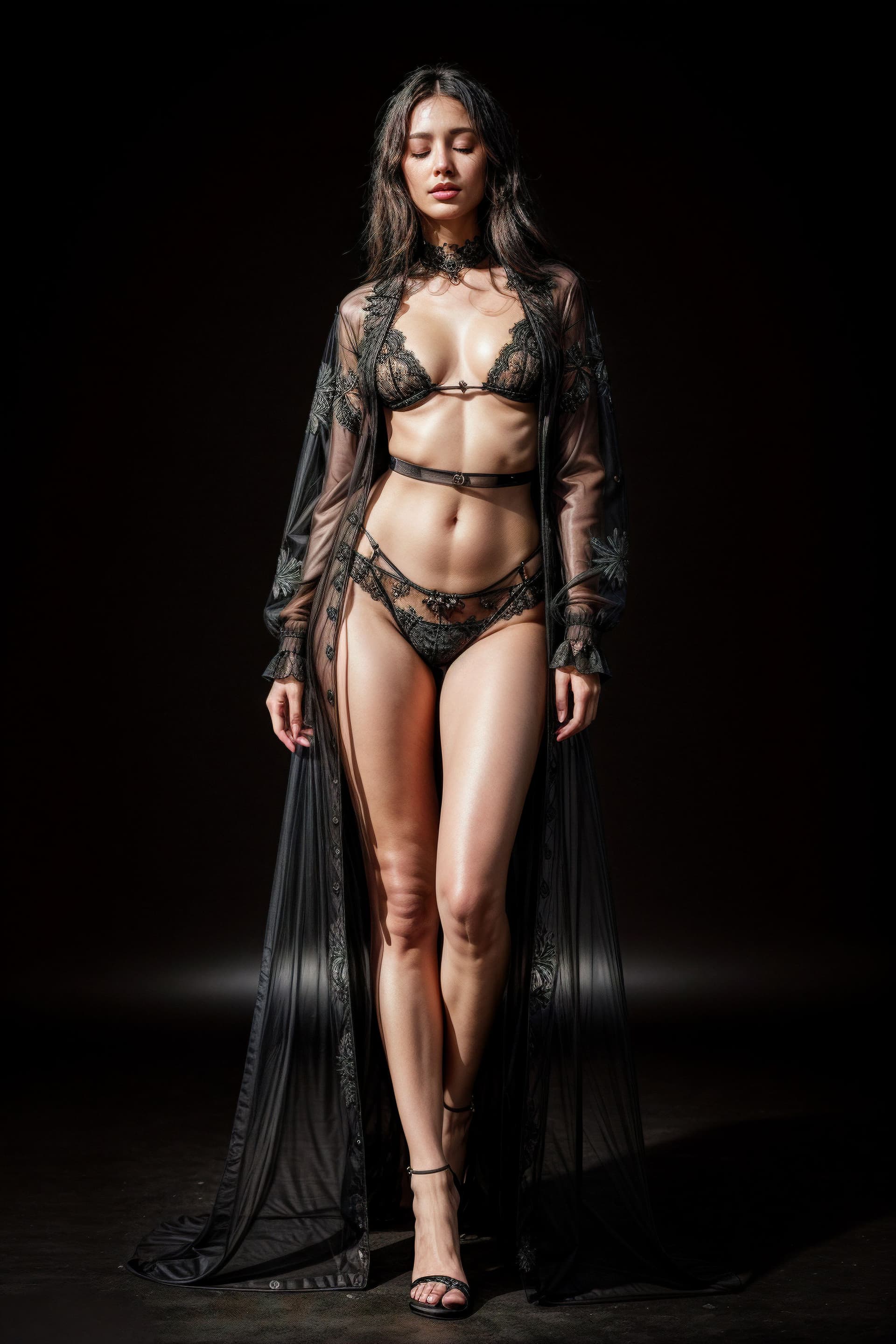 AI generated: beautiful woman, black transparent coat, full body shot, eyes closed, proffesional photoshoot, symme...