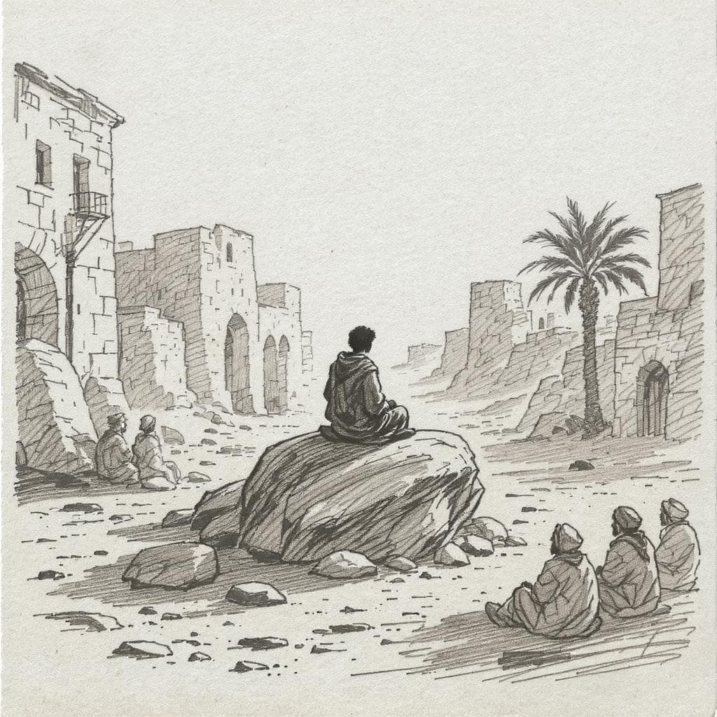 AI generated: /scene A hand-drawn charcoal or pencil sketch on textured off-white paper. The scene shows a simply ...