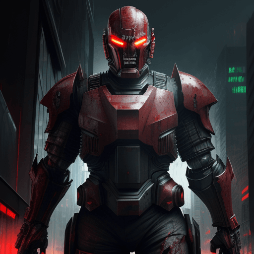 AI generated: ultra-wide photo red sci-fi armor with cyber helmet,horrible face, horror style, sneering smile, sha...