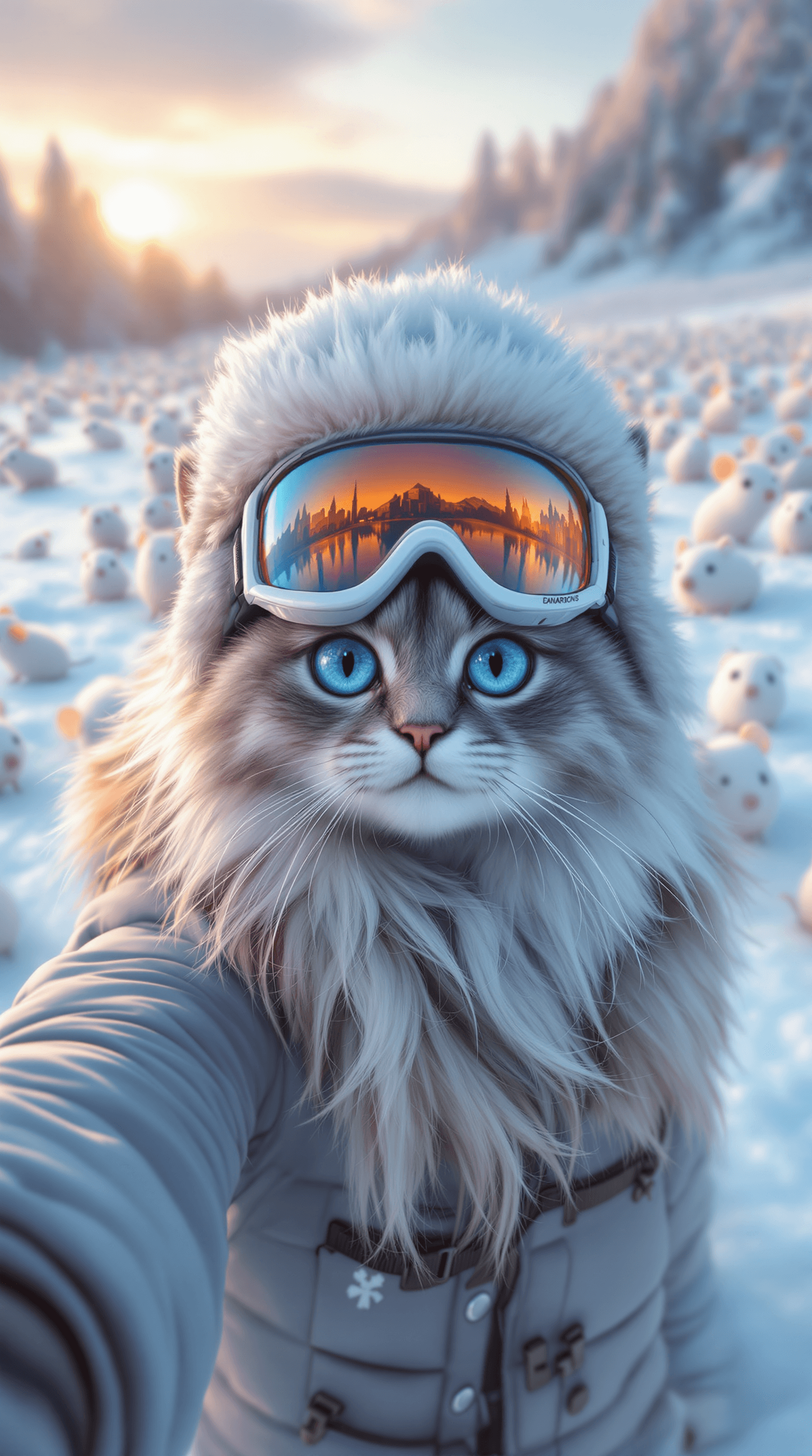 AI generated:  In the snow, there is an ice field with many mice standing on it. A real cute persian cat wearing S...