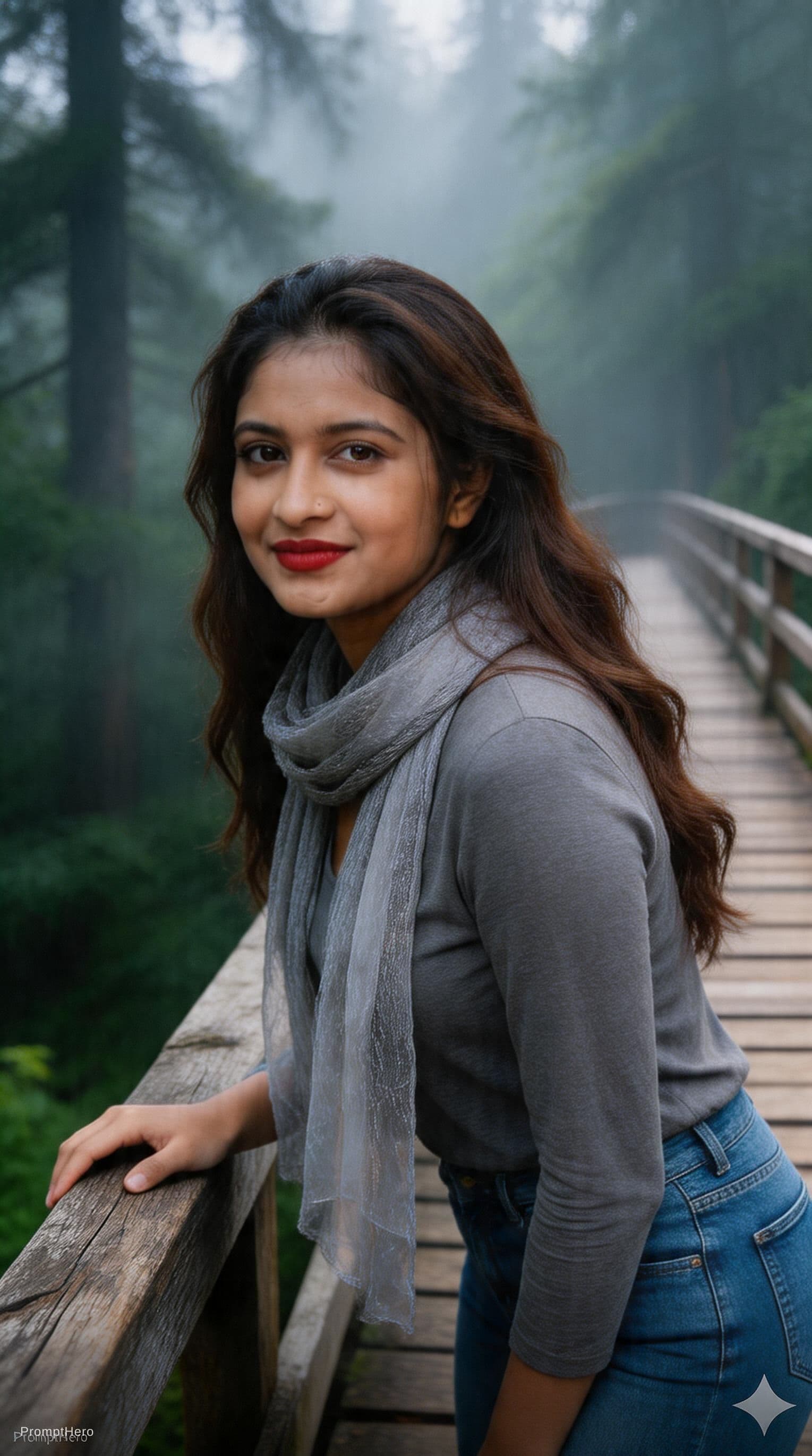 AI generated: A photorealistic portrait of a woman standing on a weathered wooden bridge in a dense, misty forest....
